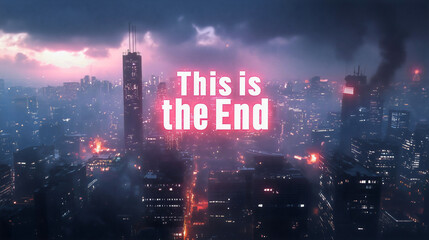 The digital words "This is the End" hovering over a hazy, apocalyptic cityscape. The skyline is partially obscured by smoke and dust.