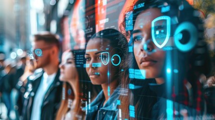 Ai integration in urban environments: diverse group interacting with futuristic digital interface