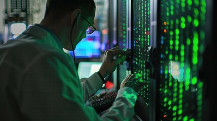 Technician analyzing data center performance in server room