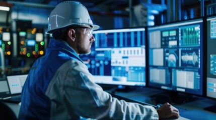 Engineer analyzing data on multiple screens in a high-tech control room