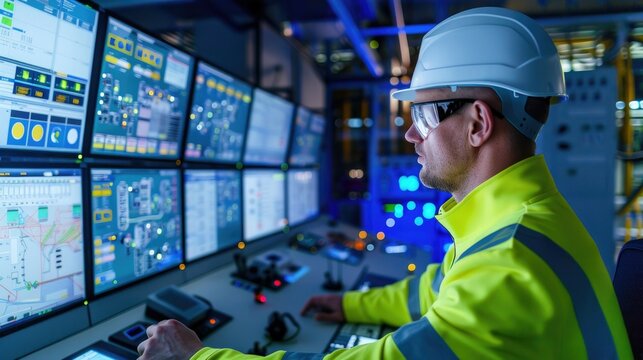 Engineer monitoring industrial control room with advanced technology