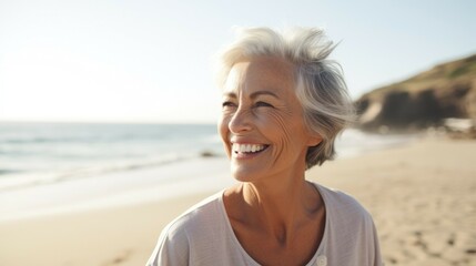 Joyful senior woman with gray hair smiling by the ocean on a sunny day