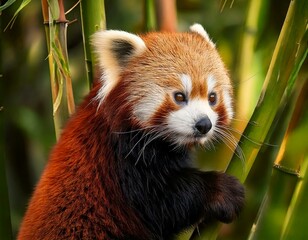 a red panda climbing bamboo in the Himalaya Forest