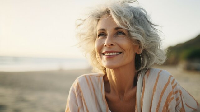 Joyful mature woman enjoying a peaceful moment at the beach