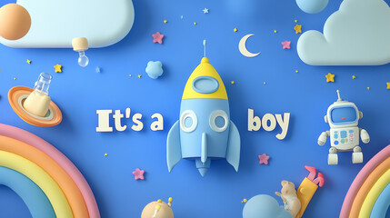 "This 3D-style baby shower banner features the lettering 'It's a Boy' in a playful blue design. The horizontal invitation includes a cartoon spaceship, a rainbow, a bottle with a pacifier, a rattle,