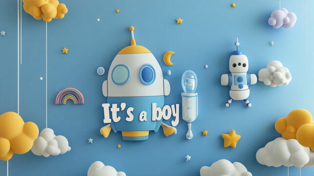 "This 3D-style baby shower banner features the lettering 'It's a Boy' in a playful blue design. The horizontal invitation includes a cartoon spaceship, a rainbow, a bottle with a pacifier, a rattle, - Powered by Adobe