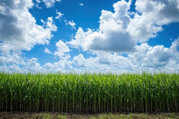 Obraz premium Lush Green Cornfield Against a Blue Sky with Fluffy White Clouds