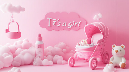 "This adorable baby shower invitation in 3D style features the phrase 'It's a Girl' in playful lettering. The horizontal banner is designed in pink, featuring a cartoon baby stroller, a mobile,