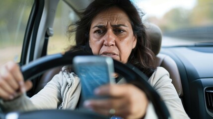 Distracted driver using smartphone while driving car in motion
