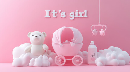 "This adorable baby shower invitation in 3D style features the phrase 'It's a Girl' in playful lettering. The horizontal banner is designed in pink, featuring a cartoon baby stroller, a mobile,