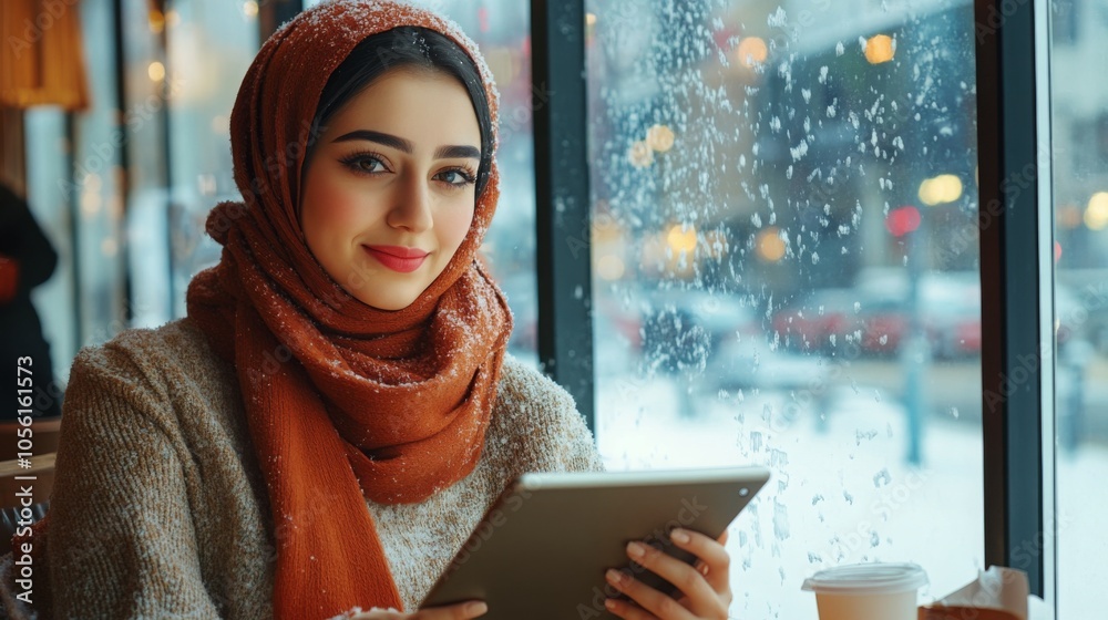 Aufkleber a young woman wearing a warm sweater and a scarf sits at a cafe table, smiling while using a tablet.