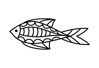 Vector hand drawn linear fish isolated on white. Cartoon coloring page for kids and adults