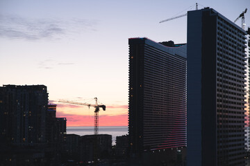 Tall buildings under construction bathed in the pink-blue light of the last sunset rays, overlooking the bay and showcasing an evolving urban landscape