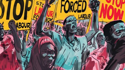 Vibrant protest against forced labor with diverse group of activists holding bold signs