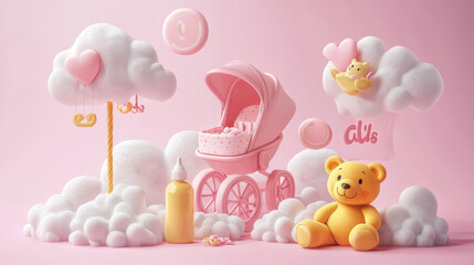 "This adorable baby shower invitation in 3D style features the phrase 'It's a Girl' in playful lettering. The horizontal banner is designed in pink, featuring a cartoon baby stroller, a mobile,