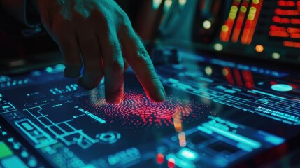 Futuristic touchscreen interface with vibrant fingerprint technology in action