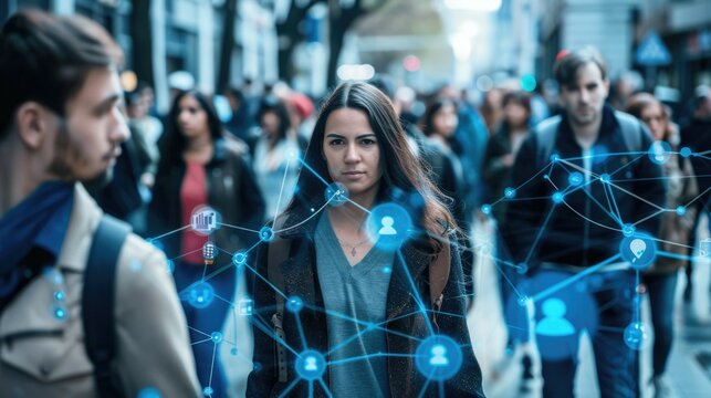 Woman walking in busy city with digital network overlay