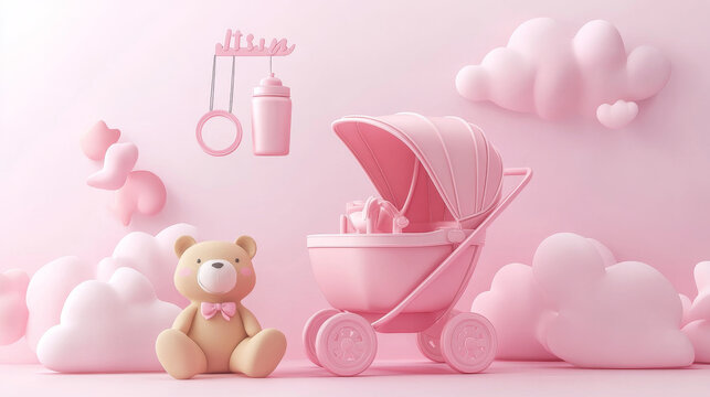 "This adorable baby shower invitation in 3D style features the phrase 'It's a Girl' in playful lettering. The horizontal banner is designed in pink, featuring a cartoon baby stroller, a mobile, - Powered by Adobe