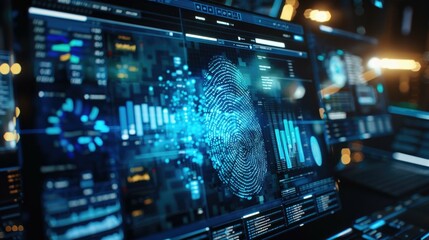 Futuristic digital interface featuring biometric fingerprint scan and data visualization