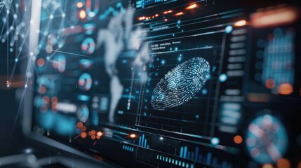 Advanced biometric interface with digital fingerprint on futuristic screen display