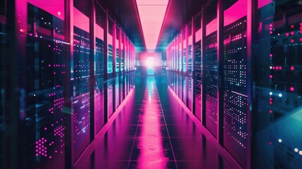 Fototapeta premium Futuristic neon data center corridor with vibrant pink and blue led lights