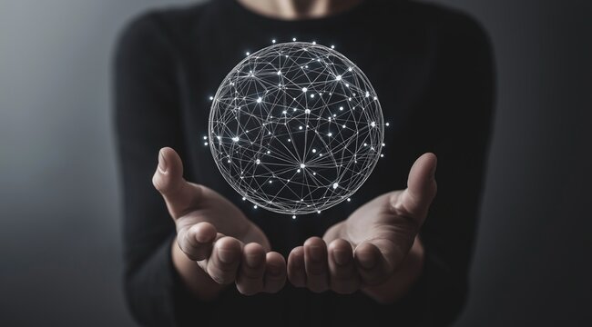 Hands holding a glowing network sphere with bright digital connections