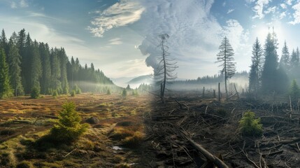 Contrasting forests: lush greenery meets devastation in a dual-scene landscape