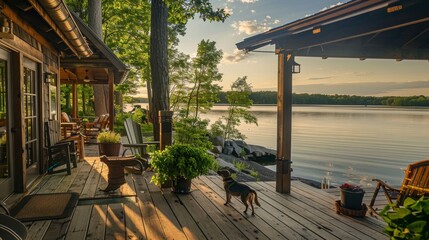 Obraz premium A serene lakehouse with a dog sitting on the porch, water and trees in the distance