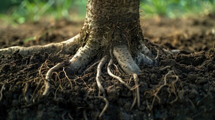 Fototapeta premium Close-up of tree roots in rich soil with lush green background