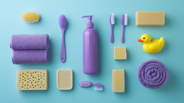 "On a blue background, a flat lay displays various bath products, such as a purple towel, shampoo bottle, sponge, soap bar, shower gel, hair balm, comb, toothbrushes, and a rubber duck, 