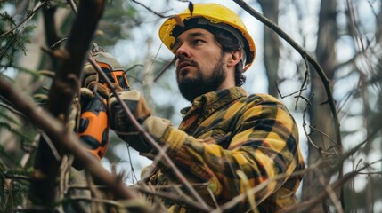 Lumberjack in yellow helmet operating chainsaw amidst trees in forest