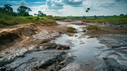 Drought-impacted landscape with eroded riverbed under cloudy skies