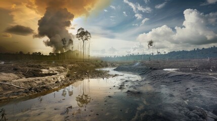Obraz premium Devastating impact of deforestation and climate change on forests and landscapes