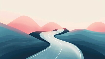 Serene landscape with curving road and pastel mountains at sunrise