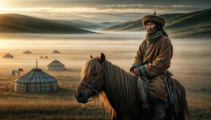 environmental portrait of Mongolian shepherd in traditional attire seated on a horse, set against a misty Mongolian landscape