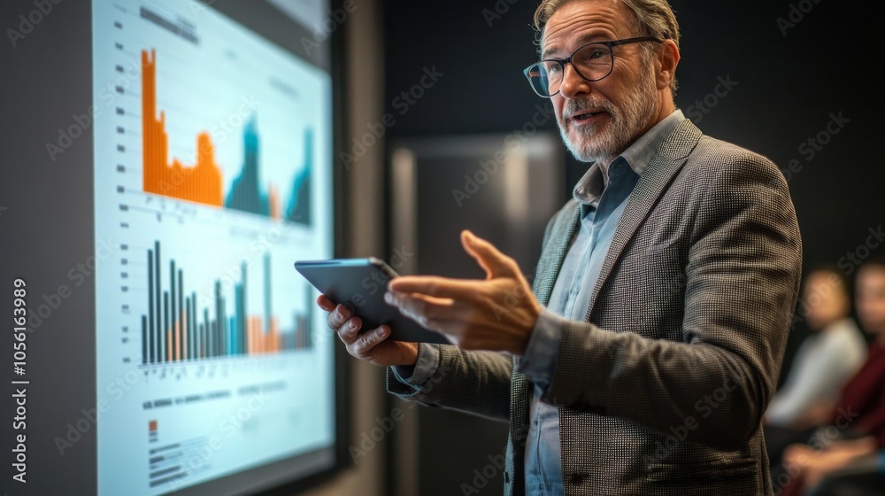 Poster A business expert is presenting a detailed data analysis on a screen while using a tablet. The audience appears engaged, listening attentively in a professional workshop setting.