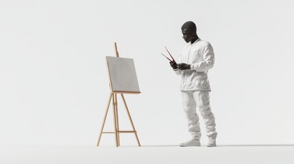 3D depiction of a Black student with an art easel, white background,