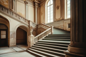 Fototapeta premium Elegant interior of an old italian palace featuring a grand marble staircase with green accents.