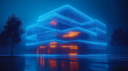 A blueprint of an office building a wireframe hologram render