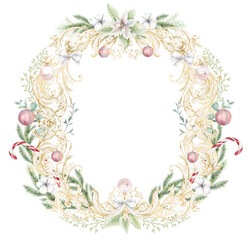 Gold foil Christmas frame png, watercolor border, winter wonderland arrangement