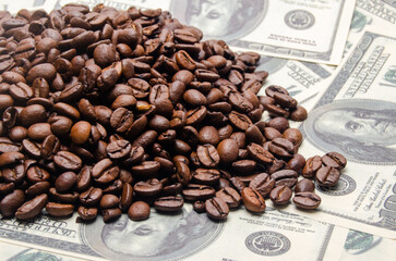 coffee as a business, coffee beans on the background of dollars