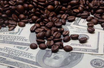 coffee as a business, coffee beans on the background of dollars