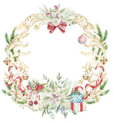 Gold foil Christmas frame png, watercolor border, winter wonderland arrangement