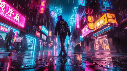 Futuristic cyborg walking through a neon-lit alley