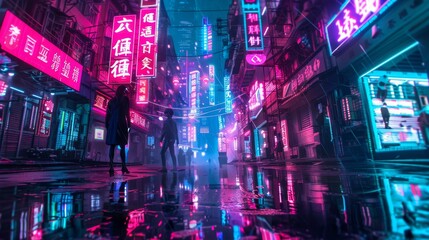 Futuristic cyborg walking through a neon-lit alley