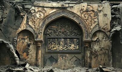 Obraz premium Damaged stone archway with Arabic script.