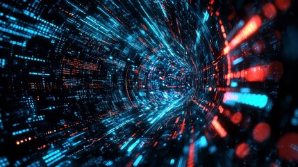 Obraz premium Futuristic data tunnel with glowing blue and red digital information