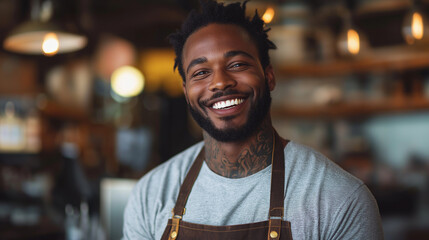 Fototapeta premium Smiling African-American man working in coffee shop as a barista