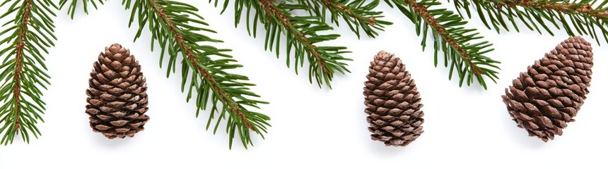 Fototapeta premium A flat lay of Christmas or holiday-themed wrapped gift on a white background, adorned with pine cones and evergreen branches.
