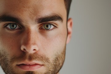 Fototapeta premium Close-up head shot of a confident young man with striking green eyes and focused expression against a neutral background